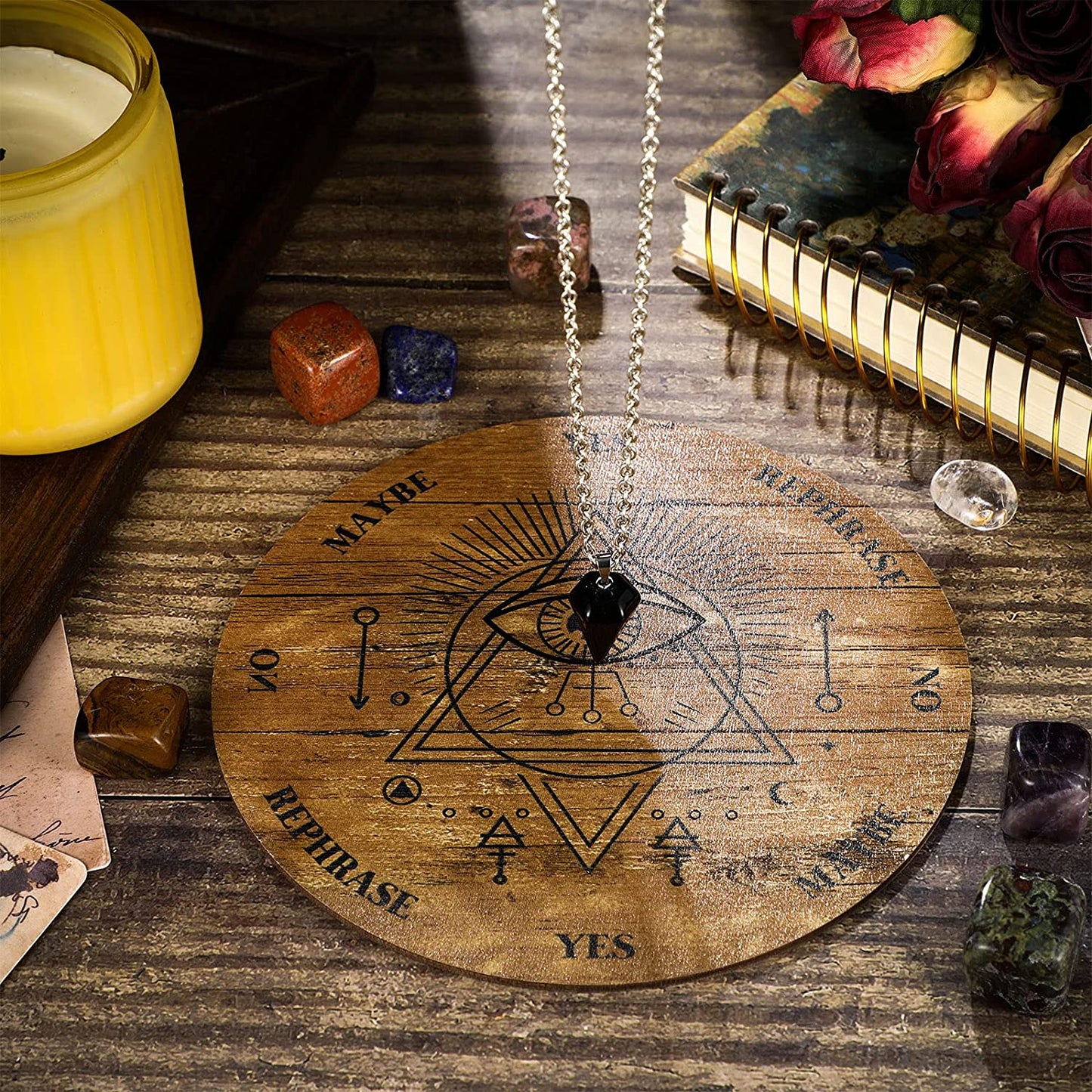 Pendulum Board Set Wooden Dowsing Divination Board Metaphysical Message with Crystal Divinity Pendulum Necklace for Witchcraft Wiccan Wand Altar Supplies, 3.9 Inch(Wood Color)